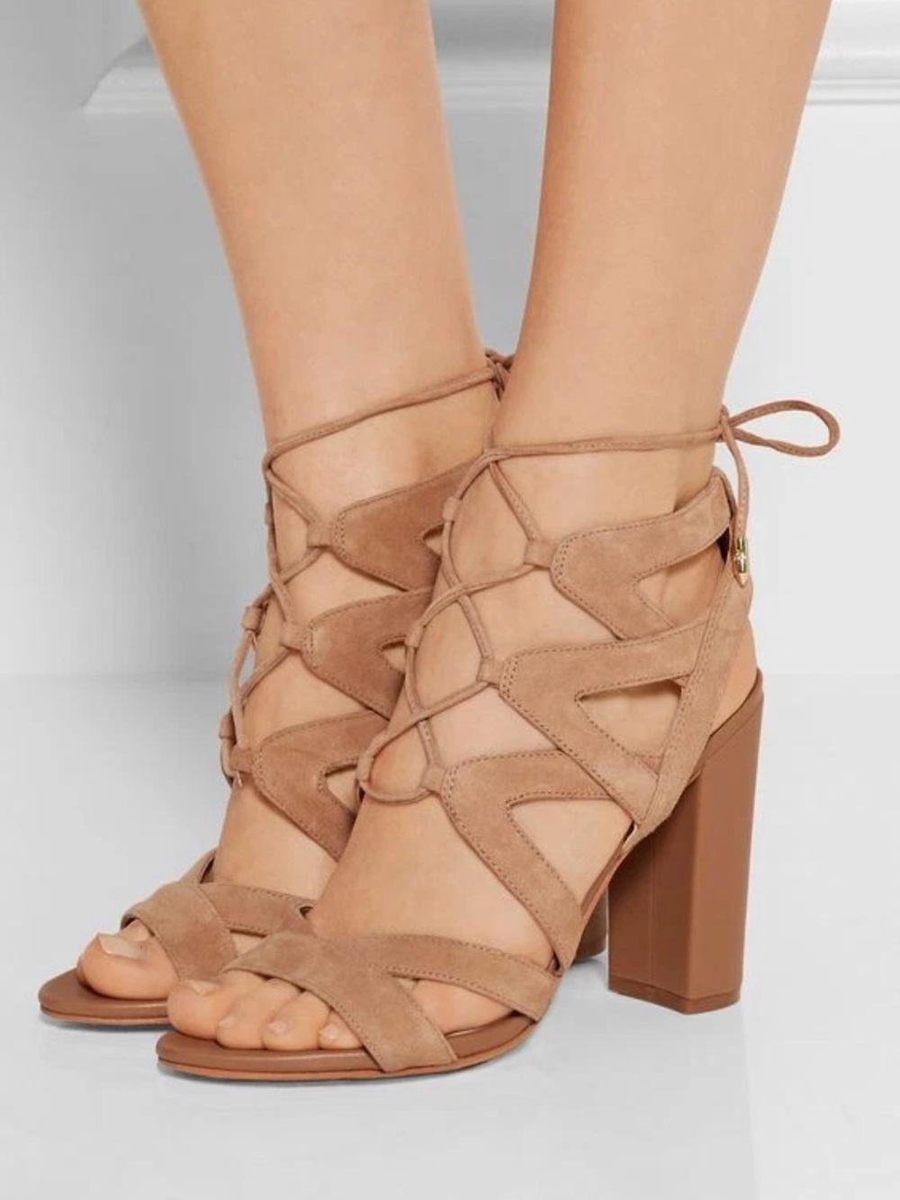 Sam Edelman Tan Suede Lace-Up Block Heel Sandals